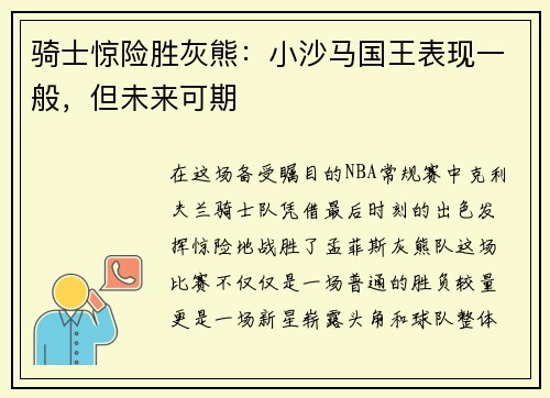 骑士惊险胜灰熊：小沙马国王表现一般，但未来可期